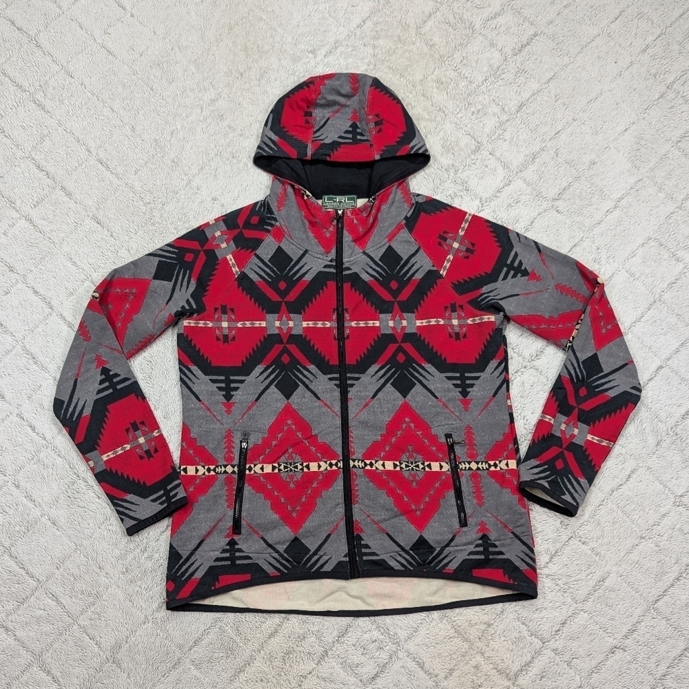 Lauren Ralph Lauren Jacket Womens L Gray Red Active Aztec Tribe Full Zip Hood